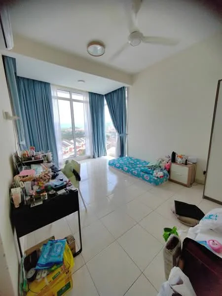 Bedroom features: floor-to-ceiling windows, blue curtains, white walls, white ceiling, ceiling fan, tiled flooring, single bed with floral bedding, nightstand, dressing table, decorative items on table, various items on floor; style: modern; view: city.