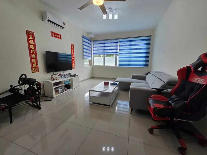 Living features: grey fabric sofa, white coffee table, black entertainment unit, wall-mounted TV, ceiling fan with light, air conditioning unit, blue striped window blinds, decorative wall art, glossy tiled flooring; style: modern.