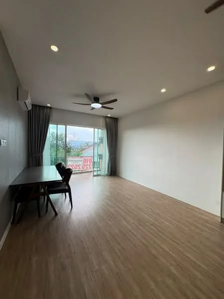 Living features: laminate flooring, white painted walls, 5-blade ceiling fan with light, floor-to-ceiling sliding glass door, curtains, dining table with chairs, air conditioning unit, natural light from balcony; style: modern; view: city.