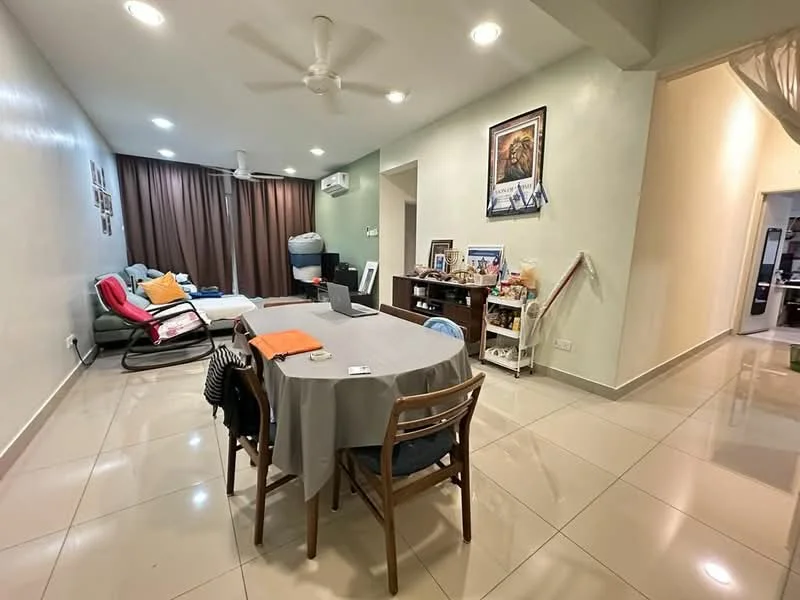 Living features: white painted walls, glossy ceramic tile flooring, 5-blade ceiling fan with light, sofa in grey fabric, red accent chair, dining table with chairs, decorative wall art, curtains in dark brown, air conditioning unit, side table, shelves with decorative items; style: modern.