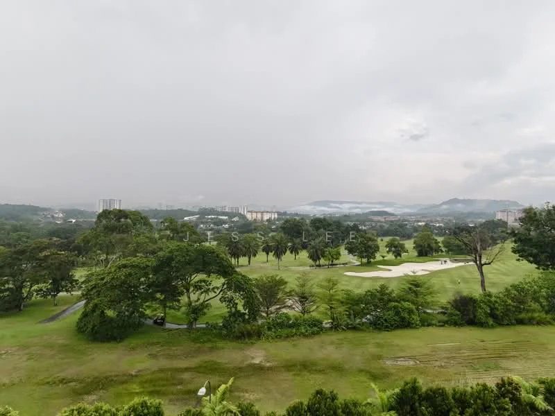 Exterior features: golf course view, lush greenery, distant city skyline, hills in background, overcast sky; style: contemporary.