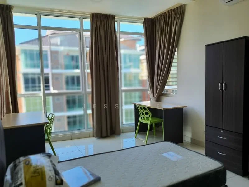 Bedroom features: floor-to-ceiling windows, white painted walls, glossy tile flooring, two study desks, green plastic chairs, dark wood dresser, curtains, unmade bed with mattress; style: modern; view: city.