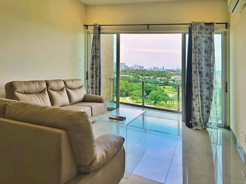 Living features: 3-seater fabric sofa in beige, glass coffee table, floor-to-ceiling windows, sliding glass door, curtains with floral pattern, white painted walls, polished tile flooring, 1 wall-mounted split AC; style: modern; view: city.