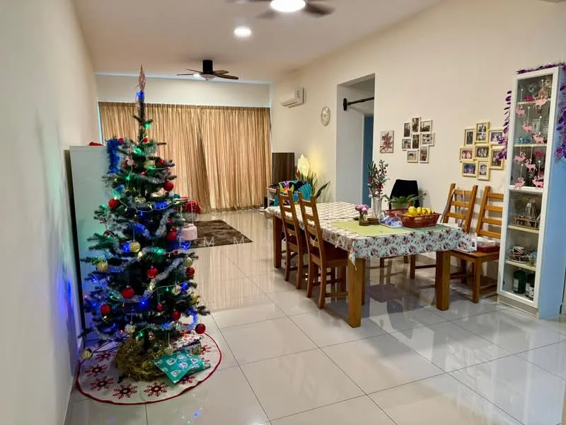Dining features: dining table with floral tablecloth, wooden dining chairs, decorative Christmas tree, white ceramic vase with flowers, wall-mounted clock, framed photographs on wall, sliding glass door, curtains, ceiling fan with light, polished ceramic tile flooring; style: modern. Living features: sofa, coffee table, area rug, floor-to-ceiling windows, curtains, ceiling fan with light, polished ceramic tile flooring; style: modern.