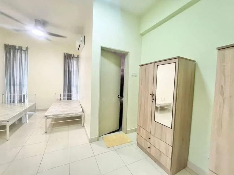 Room features: white walls, light green accent wall, tile flooring, 2 single beds with metal frames, light grey bedding, ceiling fan, 1 wall-mounted split AC, curtains on windows, wooden wardrobe with mirror, door leading to another room, doormat at entrance; style: modern.
