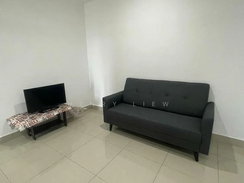 Living features: grey fabric sofa, flat-screen TV on a small black stand, white painted walls, cream tiled flooring, minimalist decor; style: modern.