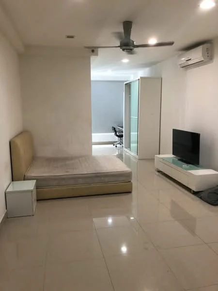 Room features: cream painted walls, glossy tile flooring, 5-blade ceiling fan, wall-mounted air conditioning unit, built-in wardrobe with sliding doors, TV console, wall-mounted TV, empty bed frame, office chair, desk area; style: modern.