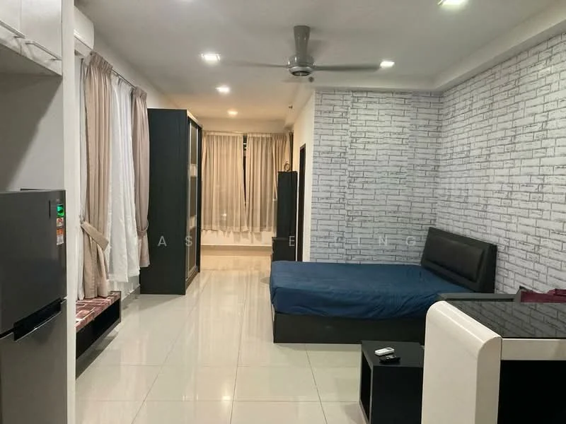 Room features: grey accent wall with brick pattern, white painted walls, glossy tile flooring, ceiling fan, large windows with sheer curtains, black bed frame with blue bedding, black wardrobe, black dining table, refrigerator, wall-mounted TV, decorative items on table; style: modern.