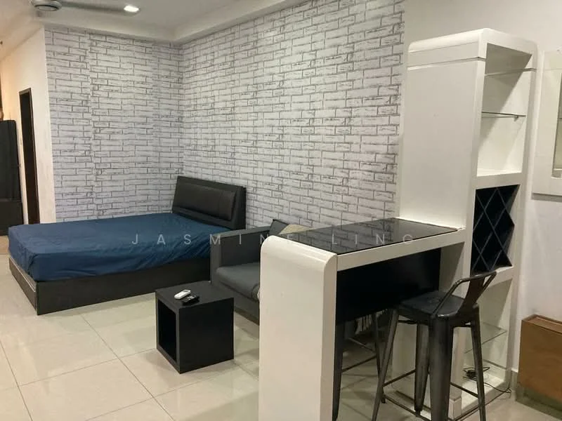 Room features: grey brick feature wall, white painted walls, cream tile flooring, queen-size bed with blue bedding, black leather sofa, black side table, white bar table, black bar stool, wine rack, ceiling fan; style: modern.