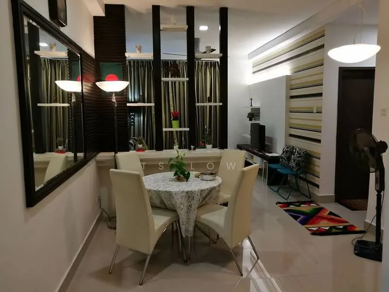Dining features: round dining table with floral tablecloth, 4 white upholstered dining chairs, large wall mirror, striped accent wall, floor-to-ceiling windows with sheer curtains, recessed ceiling lights, decorative wall shelves, wall-mounted lamp, ceramic vase with flowers, colorful area rug; style: modern. Living features: sofa in patterned upholstery, TV console, wall-mounted TV, decorative wall art, floor lamp, colorful area rug; style: modern.