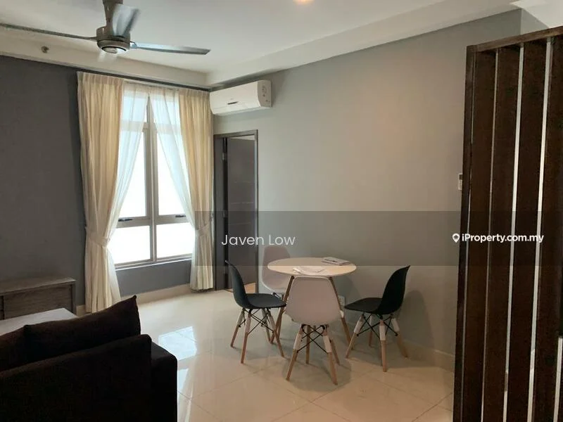 Living features: grey painted walls, white ceiling, 5-blade ceiling fan, floor-to-ceiling windows, sheer curtains, white round dining table, 4 dining chairs in black and white, polished ceramic tile flooring, air conditioning unit, sofa in dark color; style: modern; view: city.