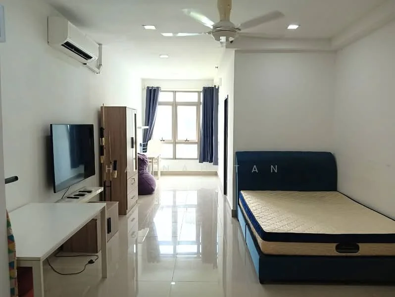 Room features: white painted walls, glossy tile flooring, 5-blade ceiling fan, wall-mounted split AC, floor-to-ceiling window, blue upholstered bed frame, mattress on bed frame, wooden TV console, wall-mounted TV, dark curtains, bean bag chair, wooden dresser, study desk, decorative wall art; style: modern; view: city.