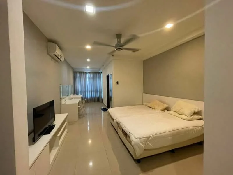 Bedroom features: king-size bed, upholstered headboard, 2 bedside pillows, wall-mounted TV, white TV console, study desk with chair, floor-to-ceiling windows, sheer curtains, ceiling fan, recessed LED downlights, cream painted walls, glossy tile flooring, air conditioning unit; style: modern.