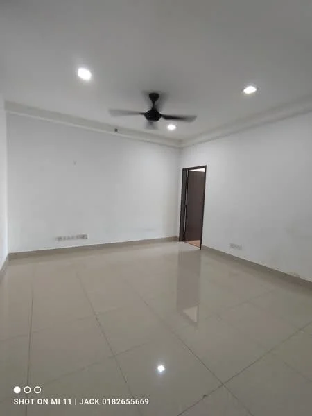 Room features: white painted walls, polished ceramic tile flooring, recessed downlights, 5-blade ceiling fan, door leading to another room; style: modern.