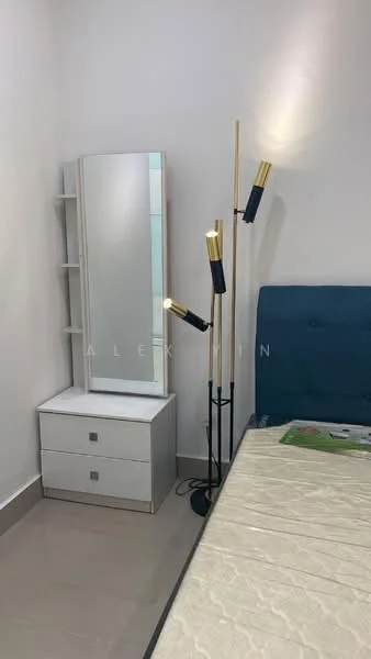 Bedroom features: queen-size bed with blue upholstered headboard, cream bed linens, white bedside table with drawer, full-length mirror, floor lamp with three adjustable lights, light grey wall paint, glossy tile flooring, built-in shelving unit; style: modern.
