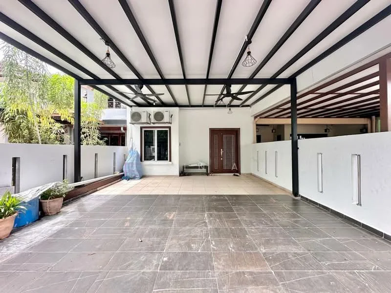 Exterior features: covered patio, exposed beams, ceiling fans, sliding glass door, white painted walls, grey tiled flooring, potted plants, air conditioning units, security grille door; style: modern.