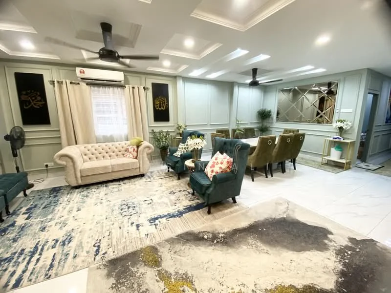 Living features: chesterfield sofa in beige, 2 green upholstered armchairs, area rug with abstract pattern, ceiling fan with light, recessed downlights, wall-mounted air conditioning unit, dining table with 6 upholstered chairs, decorative wall art, curtains in neutral color, wall paneling in light green, large windows with natural light; style: modern.