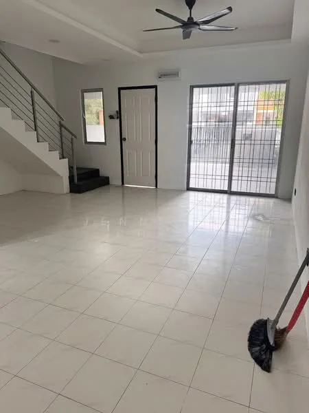 Living features: white painted walls, glossy ceramic tile flooring, 5-blade ceiling fan, large sliding glass door, floor-to-ceiling windows, staircase with metal railing, air conditioning unit, door with white panel, clean and uncluttered space; style: modern.