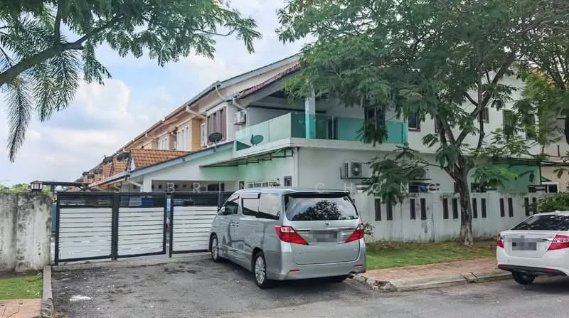 Exterior type: linked terrace house; features: two-storey building, white painted facade, balconies with glass railings, manicured lawn, paved driveway, multiple air conditioning units visible, gated entry with sliding gate, surrounded by greenery; style: modern.