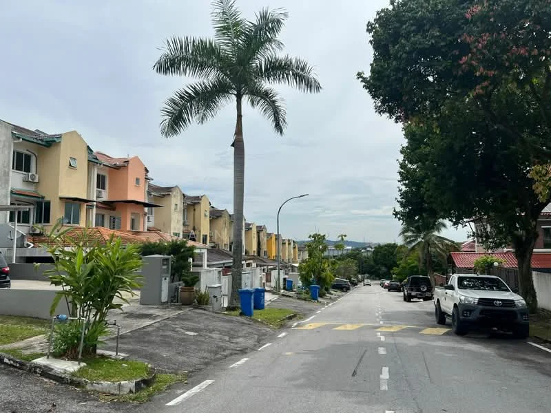 Exterior type: linked terrace house; features: palm trees, manicured lawns, driveway with interlocking pavers, street view, two-storey houses, colorful facades, curved road, sidewalk, visible parked cars; style: modern.