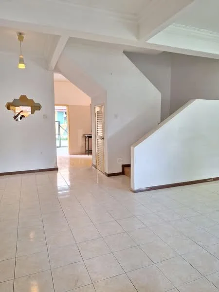 Room features: white painted walls, tile flooring, staircase with white railing, recessed ceiling with lighting, large window for natural light, doorway leading to another room, open layout, decorative wall cutout; style: modern.