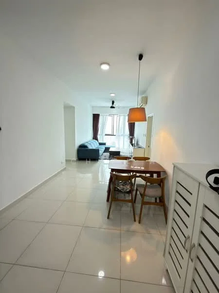 Living features: white painted walls, glossy ceramic tile flooring, 5-blade ceiling fan with light, sofa in blue fabric, dining table with wooden legs, 4 dining chairs, pendant lamp, large windows with sheer curtains, air conditioning unit, decorative side cabinet; style: modern.