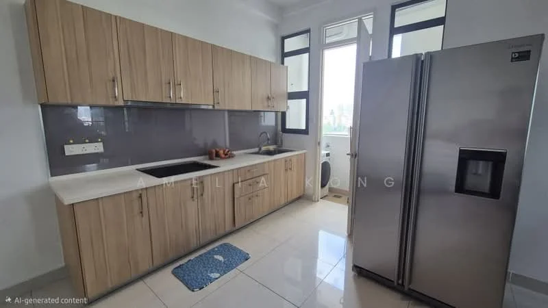 Kitchen features: wood cabinetry with light wood finish, grey backsplash, single-bowl stainless-steel sink, chrome pull-down faucet, built-in oven, freestanding stainless-steel fridge, ceramic tile flooring, window with city view, countertop with grey surface, under-cabinet lighting; style: modern; view: city.