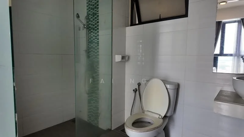 Bathroom features: glass shower enclosure, rain shower head, white ceramic toilet, wall-mounted bidet spray, white wall tiles, grey floor tiles, floating vanity with countertop, round basin sink, large window for natural light, mirror above vanity; style: modern.