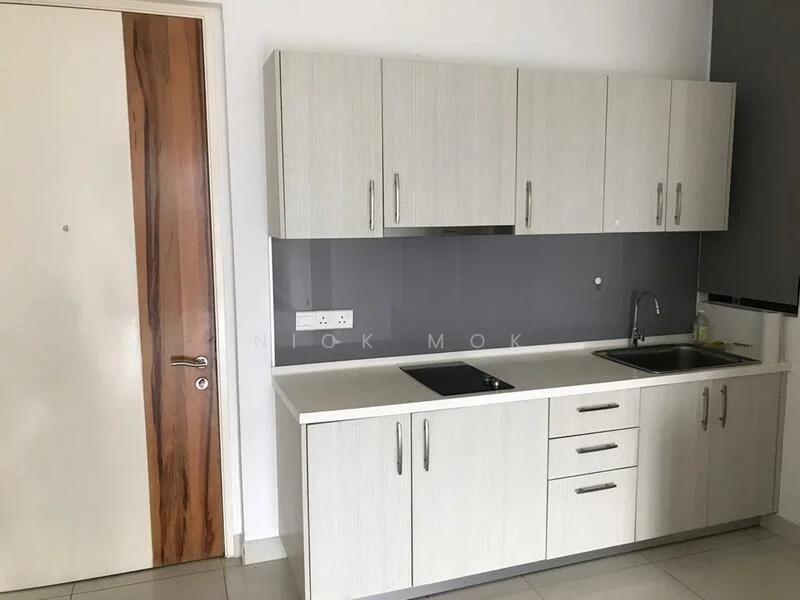 Kitchen features: white cabinetry with wood accents, grey backsplash, single-bowl stainless-steel sink, chrome pull-down faucet, built-in cooktop, countertop with straight edge, wall-mounted electrical outlets, tile flooring; style: modern.