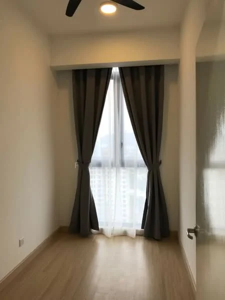 Room features: light wood flooring, white painted walls, floor-to-ceiling window, grey curtains, ceiling fan with light, natural light from window; style: modern; view: city.