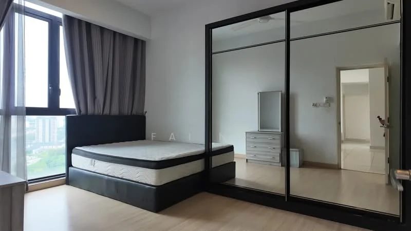 Bedroom features: queen-size bed, black upholstered bed frame, floor-to-ceiling windows, grey sheer curtains, mirrored sliding wardrobe, wooden flooring, wall-mounted ceiling fan, dressing table with mirror, light-colored bedside table; style: modern; view: city.