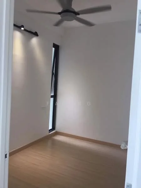 Room features: light wood flooring, white painted walls, ceiling fan, large window, natural light, minimalist design, no visible furniture, neutral color palette; style: minimalist.