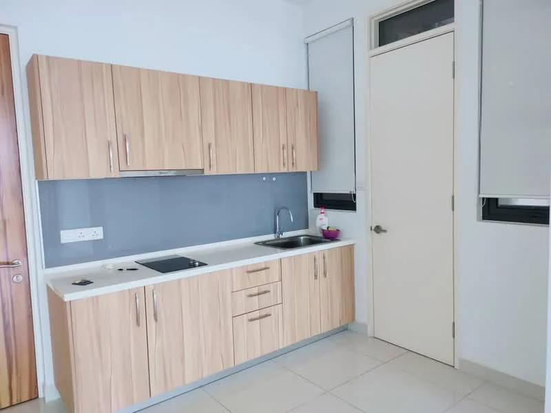 Kitchen features: light wood cabinetry, white countertop, single-bowl stainless-steel sink, chrome pull-down faucet, built-in stove with cooktop, grey tiled backsplash, wall-mounted range hood, tile flooring, window with blinds, door leading to another room; style: modern.