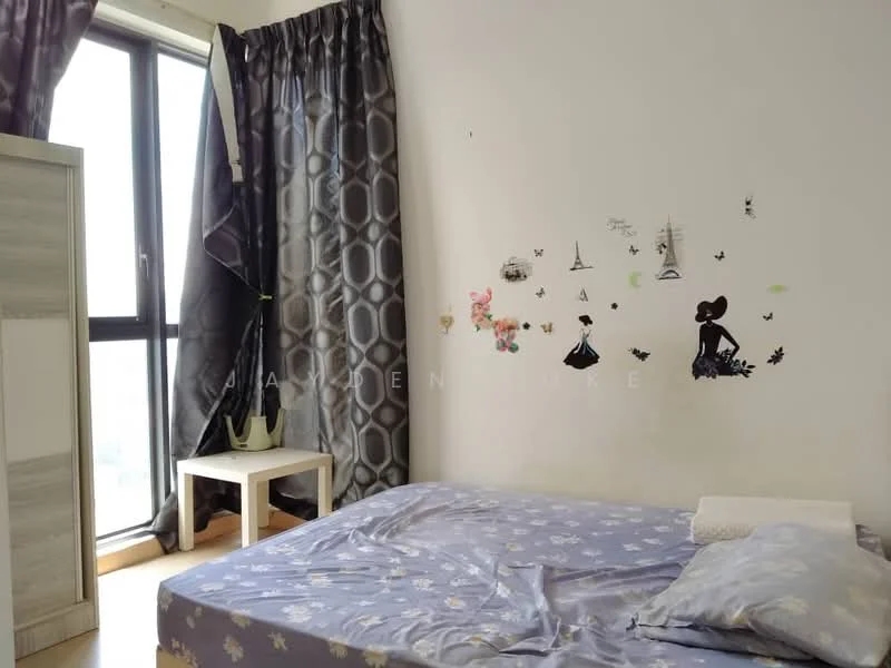 Bedroom features: double bed with floral bedding, grey patterned curtains, floor-to-ceiling window, white bedside table, decorative wall decals, wooden flooring, blanket on bed; style: modern.