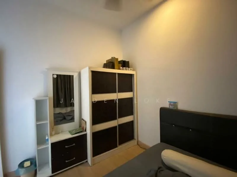 Bedroom features: queen-size bed, upholstered headboard, built-in wardrobe with sliding doors, mirror on wardrobe, nightstand with drawer, wooden flooring, white painted walls, ceiling fan; style: modern.