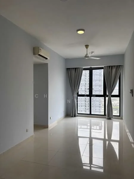 Living features: light grey painted walls, white ceiling, 5-blade ceiling fan with light, floor-to-ceiling windows, sliding glass door, sheer curtains, polished ceramic tile flooring, wall-mounted split AC, natural light from windows, city view; style: modern; view: city.