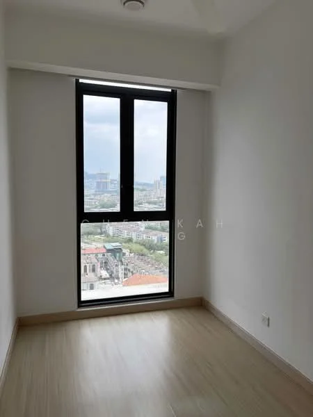Room features: large window with black frame, city view, light wood flooring, white painted walls, ceiling with recessed lighting, no visible furniture or decor; style: modern; view: city.