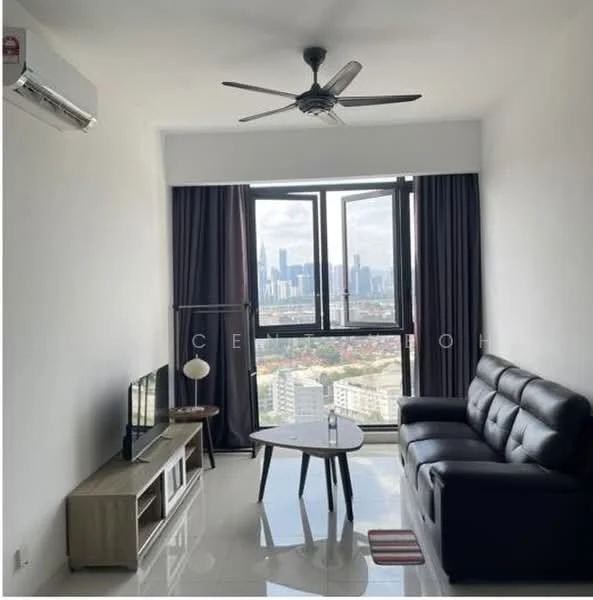 Living features: black leather sofa, coffee table, TV console, wall-mounted TV, floor-to-ceiling windows, grey curtains, white painted walls, polished tile flooring, 5-blade ceiling fan with light, wall-mounted split AC; style: modern; view: city.