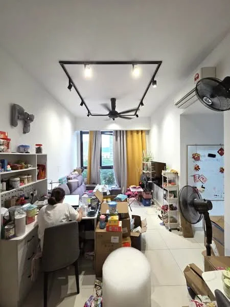Room features: white painted walls, tile flooring, 5-blade ceiling fan with light, recessed downlights, floor-to-ceiling window, curtains, open shelving, desk with chair, multiple boxes and storage items, wall-mounted air conditioning unit, decorative wall stickers; style: modern; view: garden.