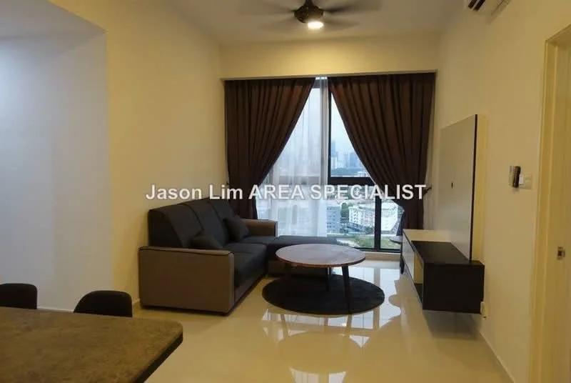 Living features: 3-seater fabric sofa in grey, round coffee table, floor-to-ceiling windows, dark curtains, wall-mounted TV console, polished tile flooring, ceiling fan, decorative wall panel; style: modern; view: city.