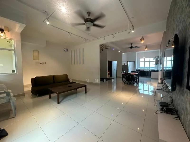 Living features: large grey fabric sofa, wood coffee table, wall-mounted TV, recessed LED downlights, 5-blade ceiling fan, white painted walls, glossy white tile flooring, decorative wall with stone cladding, dining area visible in background, open-plan layout; style: modern. Dining features: wood dining table, upholstered dining chairs, pendant lighting above table; style: modern. Kitchen features: kitchen island, white cabinetry, stainless-steel appliances, open layout to living area; style: modern.