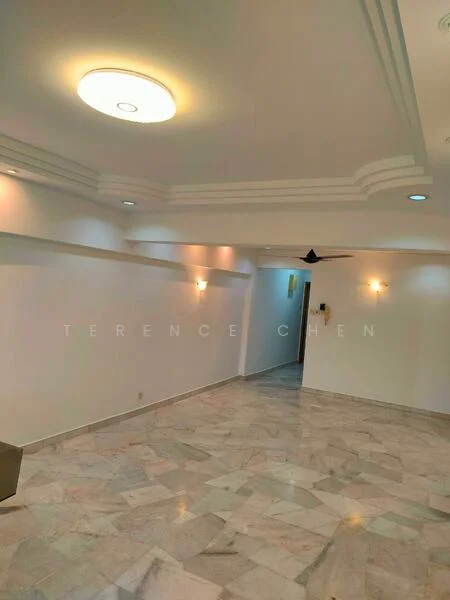 Room features: marble flooring, white painted walls, tray ceiling with recessed lighting, ceiling fan, wall sconces, crown moulding, light fixtures, open layout; style: modern.