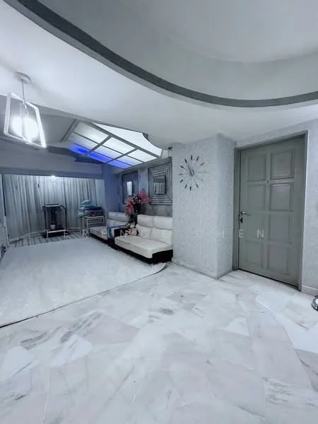 Living features: white painted walls, marble flooring, tray ceiling, recessed downlights, large window with sheer curtains, sofa in cream color, decorative wall clock, wall-mounted artwork, coffee table, floral arrangement, entrance door with grey finish; style: modern.