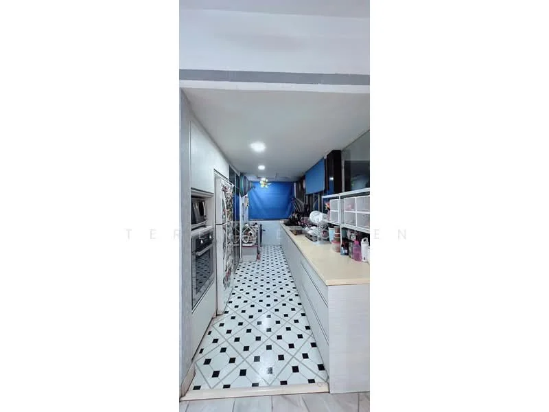 Kitchen features: white cabinetry, black and white patterned tile flooring, marble countertop, built-in oven, stainless-steel fridge, open shelving, multiple light fixtures, window with blue curtain; style: modern.