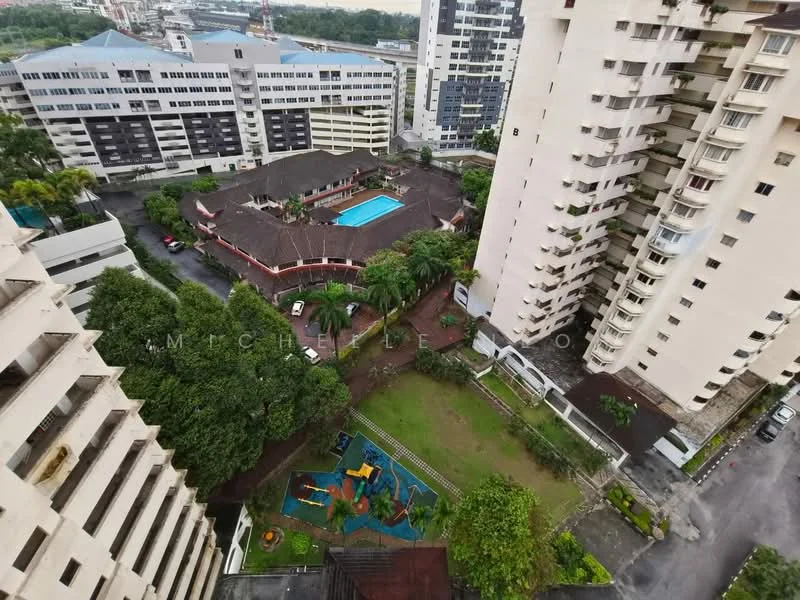 Exterior type: high-rise condominium; features: swimming pool, landscape garden, children's playground, manicured lawn, surrounded by mature greenery, multiple high-rise buildings, parking area; style: modern.