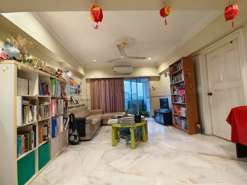 Living features: 3-seater fabric sofa in beige, coffee table, TV console, wall-mounted TV, bookshelf with open shelving, marble flooring, ceiling fan, floor-to-ceiling windows, curtains, decorative items on shelves, area rug, wall with built-in cabinets; style: contemporary; view: city.