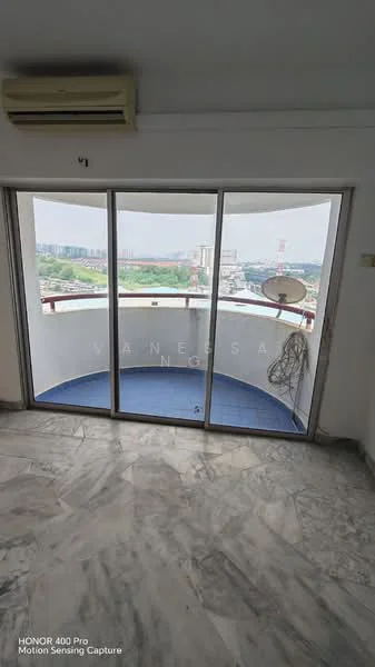 Room features: floor-to-ceiling sliding glass doors, marble flooring, white painted walls, air conditioning unit, curved balcony, city view, satellite dish, blue outdoor flooring; style: modern; view: city.