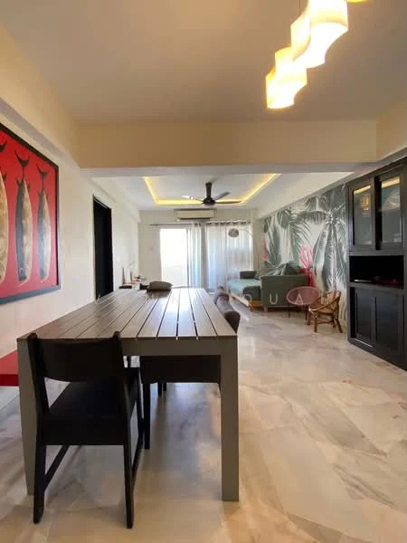 Dining features: long rectangular dining table, black wooden dining chairs, marble flooring, recessed ceiling lights, 5-blade ceiling fan with light, wall-mounted cabinet, decorative wall with tropical pattern, large window with sheer curtains, artwork with fish motif; style: modern. Living features: sofa in green fabric, coffee table, decorative wall with tropical pattern, large window with sheer curtains; style: modern.