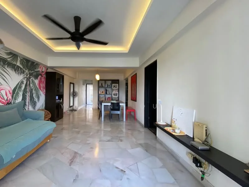 Living features: marble flooring, ceiling fan, sofa in light blue fabric, wall-mounted shelf, decorative wall with tropical pattern, recessed LED lighting, open layout, large windows for natural light; style: modern.