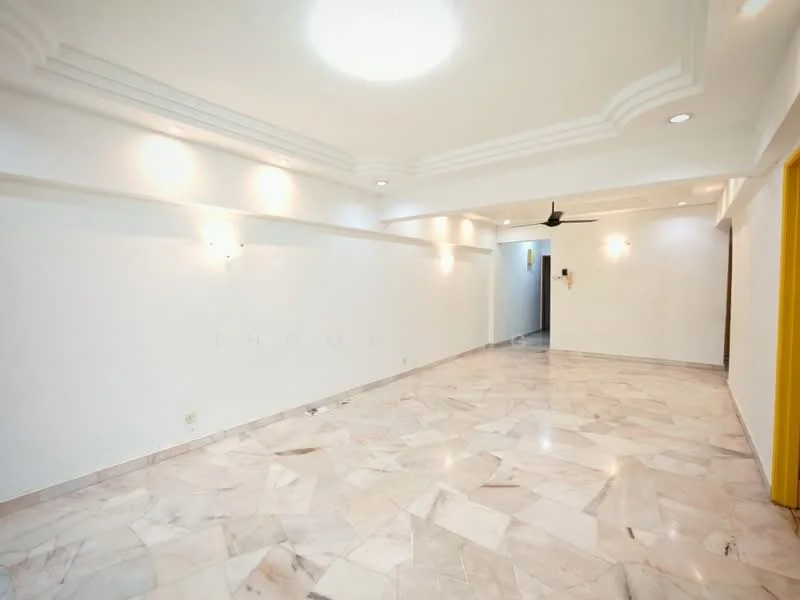 Room features: white painted walls, marble flooring, tray ceiling with recessed lighting, ceiling fan, wall sconces, multiple light fixtures, open layout, no visible furniture; style: modern.